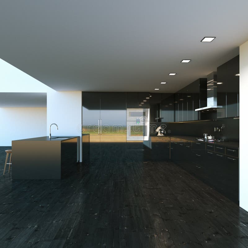 Black Modern Kitchen Furniture in Big Interior. 3d Render Stock
