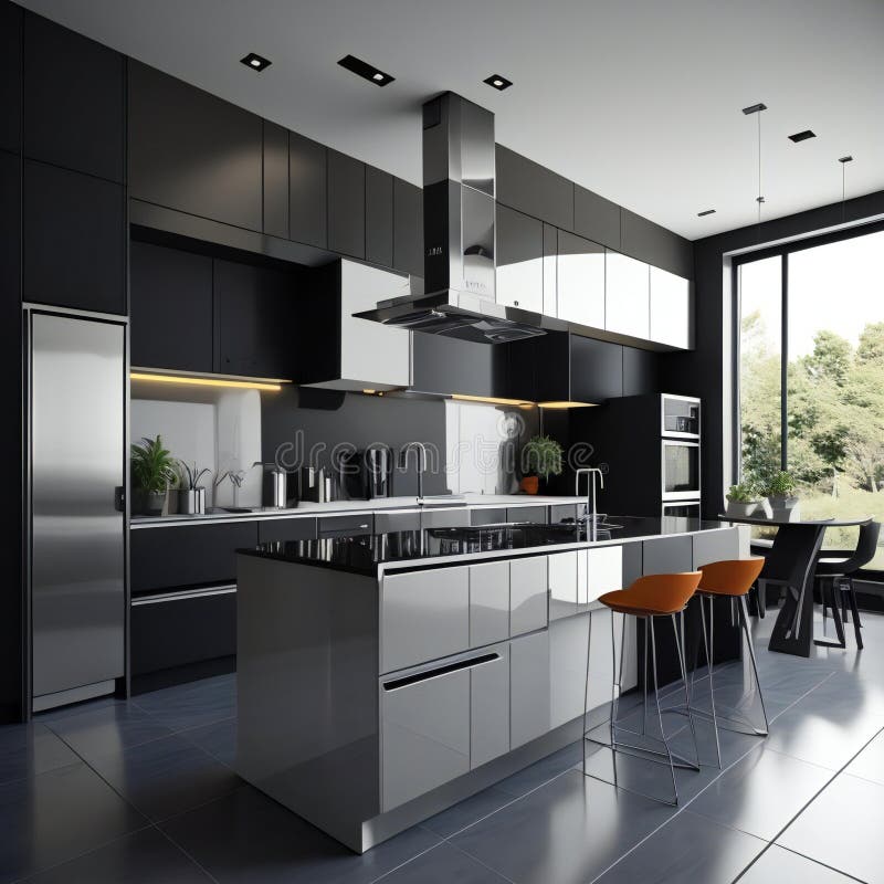 Black Modern Kitchen in a House with a Beautiful Design. Generative Ai