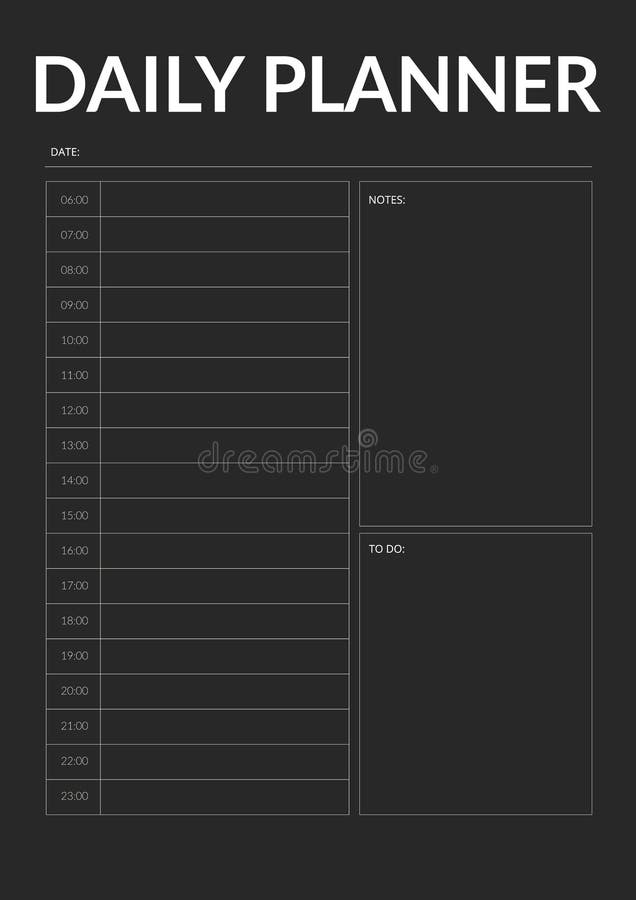 Black Minimalistic daily Planner Notebook Page. Modern Business