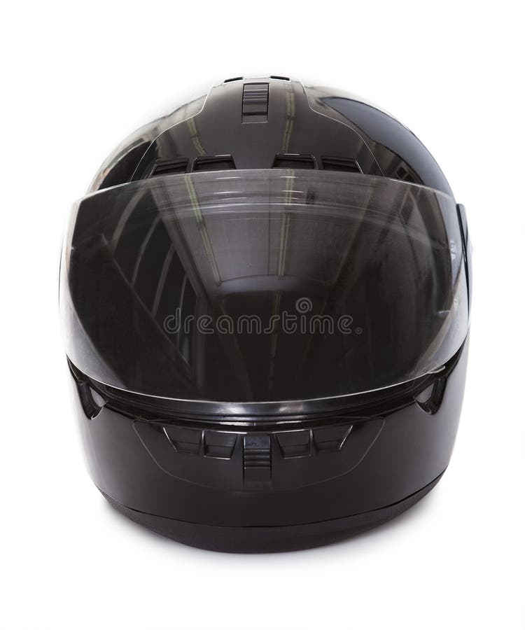 Studio image of a black motorcycle helmet with the visor closed on a white background