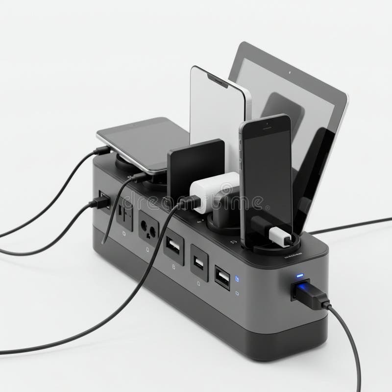 Black multi-device charging station with various electronic gadgets, including stock illustration