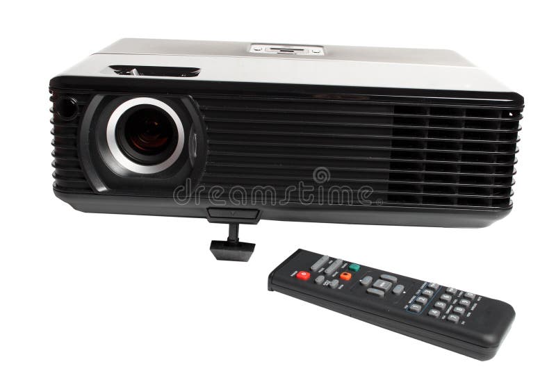 Black multimedia projector isolated over white with remote control. Digital presentation stock images, royalty-free photos and pictures