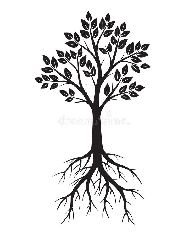 Black Tree with Roots. Vector Illustration.