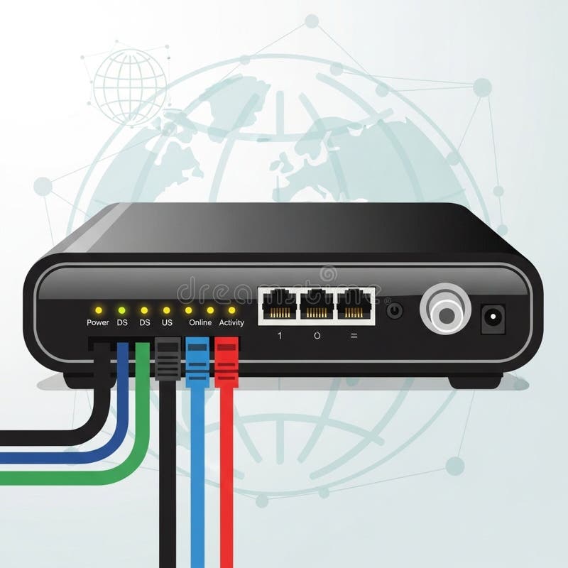 Network router with multiple ports and colorful cables connected vector illustration