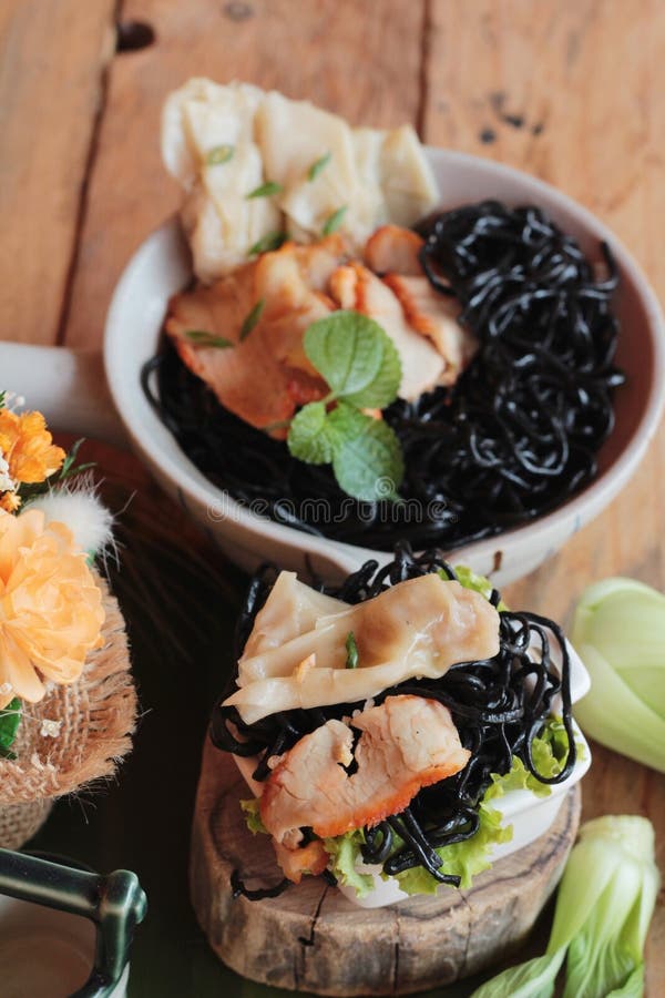 Black Noodles with Pork and Dumpling Delicious Stock Photo Image of