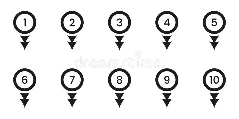 Black Numbered Location Pin Solid Icon Set. Sequential Map Marker Silhouette Symbol Collection. Navigation, Geolocation stock illustration