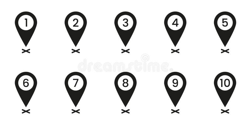 Black Numbered Location Pin Solid Icon Set. Sequential Map Marker Silhouette Symbol Collection. Navigation, Geolocation royalty free illustration