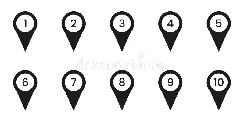 Black Numbered Location Pin Solid Icon Set. Sequential Map Marker Silhouette Symbol Collection. Navigation, Geolocation stock illustration