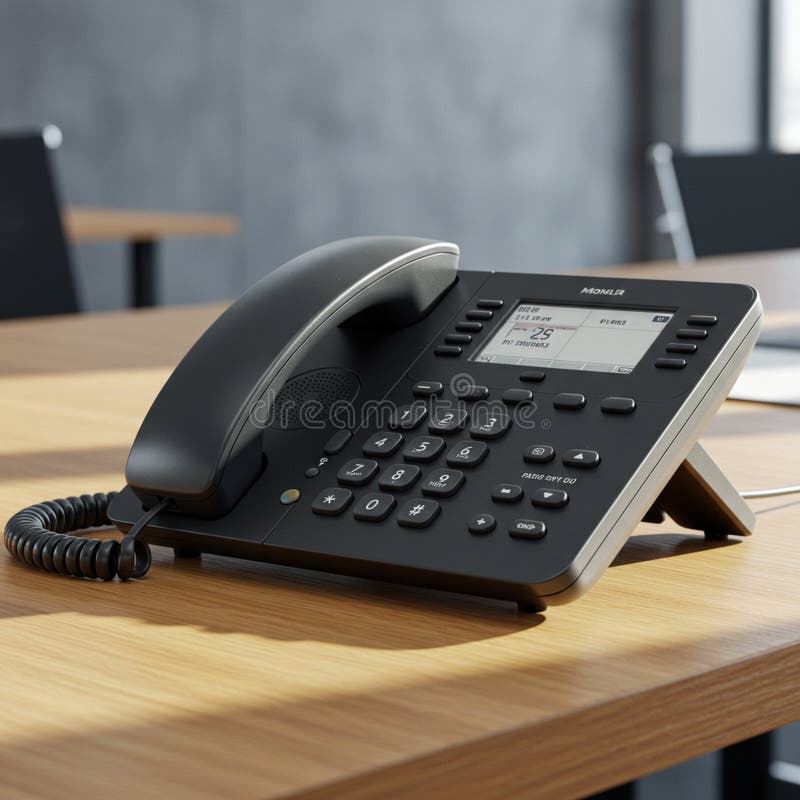 A black office desk phone with a digital display screen is positioned on a wooden vector illustration