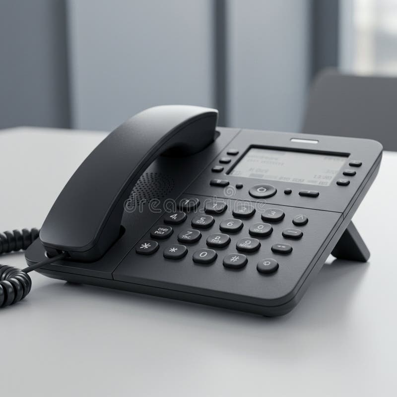 Black office desk phone with LCD screen and keypad, featuring numeric buttons and vector illustration