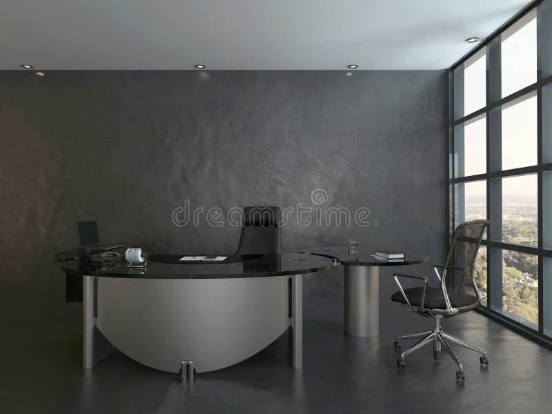 Black office room interior with modern desk royalty free illustration
