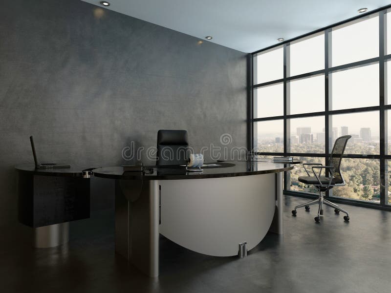 Black office room interior with modern desk stock illustration