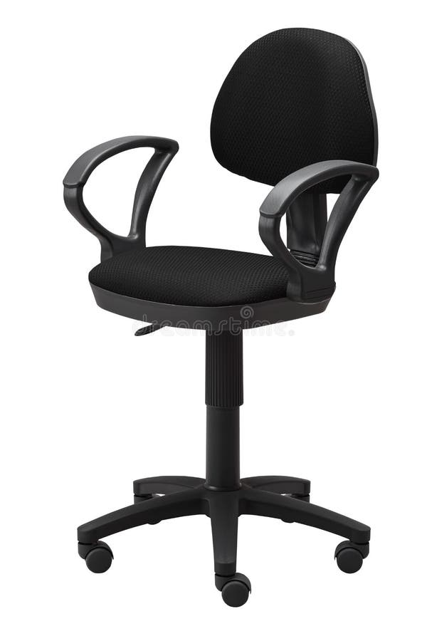 Side view of black office swivel chair on wheels with a mechanism for adjusting the height. Isolated on white background. Include path.