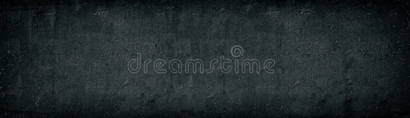 Black old concrete wall wide texture. Rough cement surface long panorama. Dark gloomy grunge panoramic background