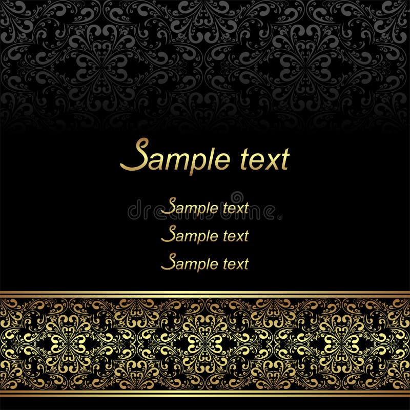 Ornate Golden Damask Background with Golden Border on Black. Stock