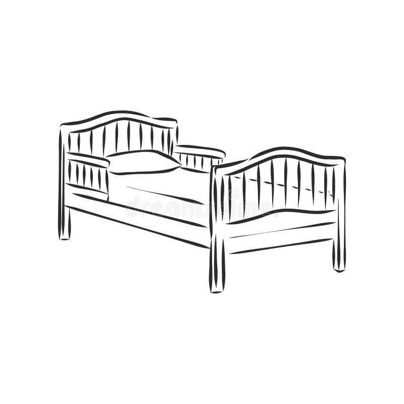 Black Outline Vector Bed on White Background. Bed, Vector Sketch