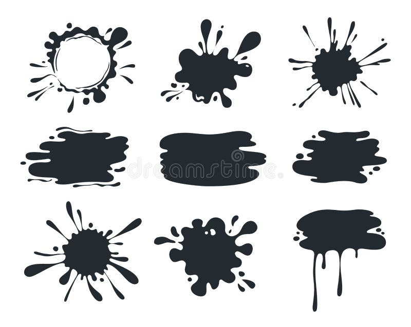 Black paint blob. Brush pen splatter shapes, current paint stains, liquid dripping melted chocolate. Vector paint drip