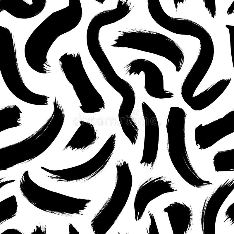 Black paint freehand scribbles vector seamless pattern. Wavy lines and round shapes, dry brush stroke texture.