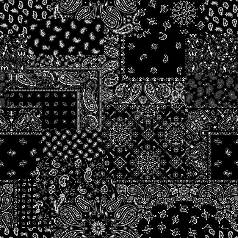 Black Paisley Bandana Fabric Patchwork Stock Vector - Illustration of