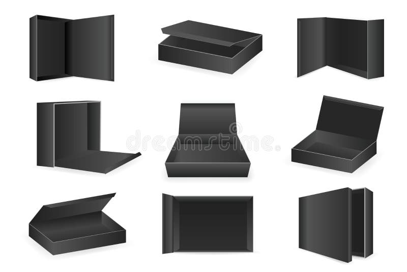Black paper cardboard package boxes isometric open empty pack box isolated icons set realistic template design vector vector illustration