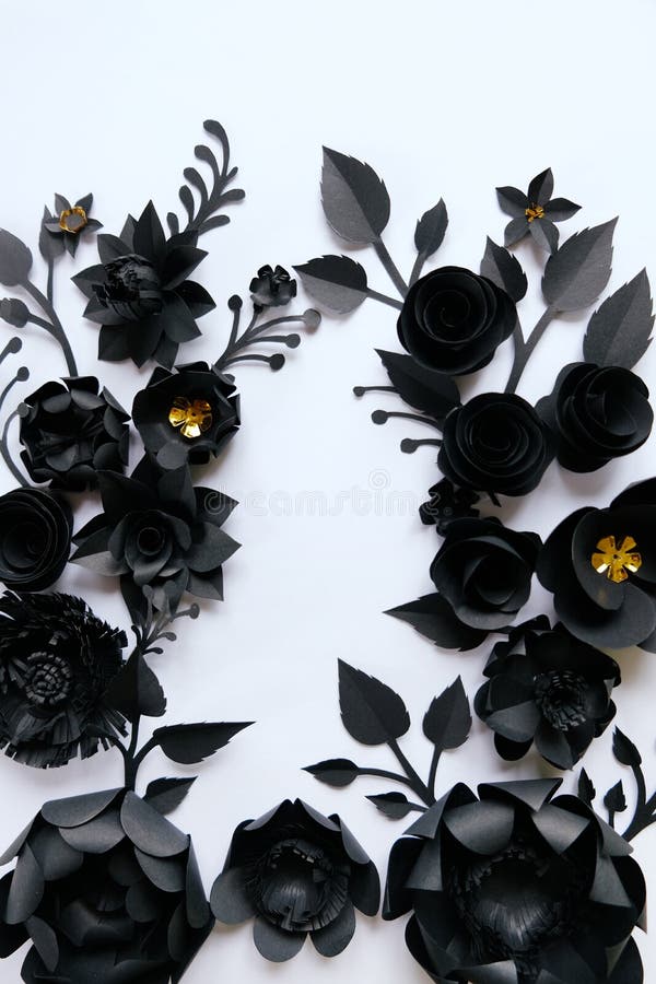 Black paper flowers, floral background, bridal bouquet, wedding