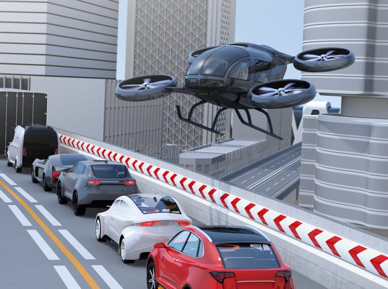 Black passenger drone flying over cars in heavy traffic jam vector illustration Black passenger drone flying over cars in heavy traffic jam vector illustration