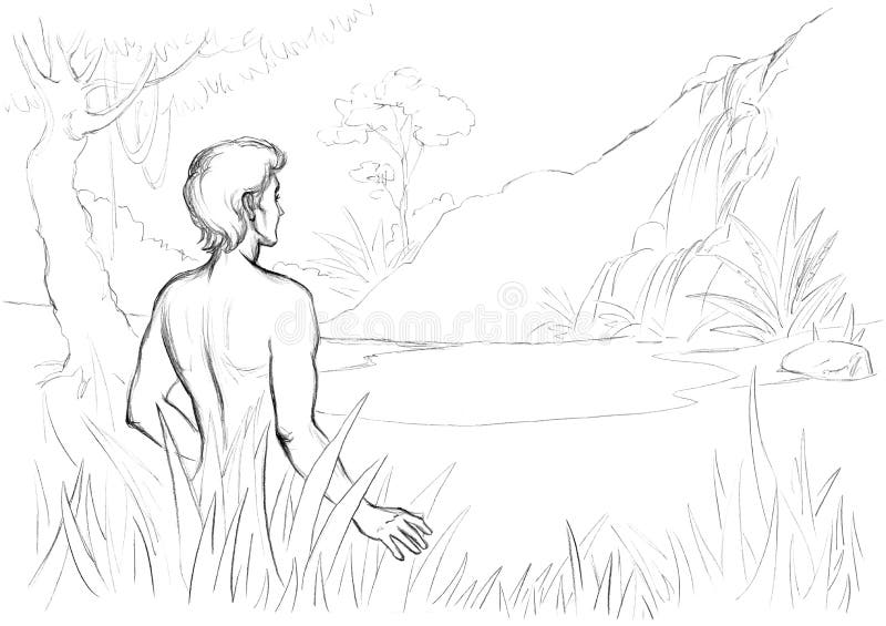 Nero penna dipinto a mano arte schizzo nudo giovane un adulto tipo ragazzo tribù guerriero da vedere trovato una donna vita bellezza esterno Riposo il cielo scena.
