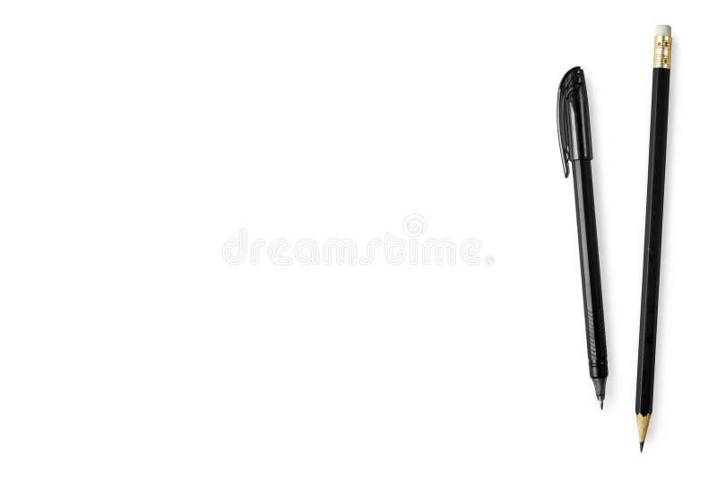 Black pen and pencil are on white background. Top view with copy space, flat lay stock images.