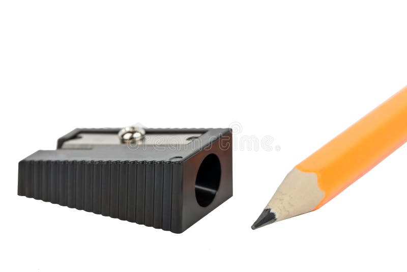 Black pencil sharpener and pencil close-up isolated on white