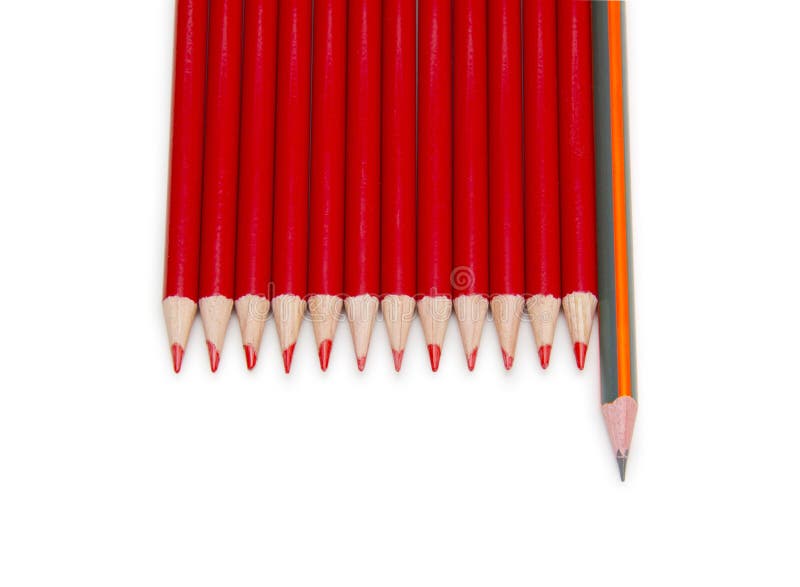 Black Pencil Standing Out From The Red Pencils, Isolated Stock Photo