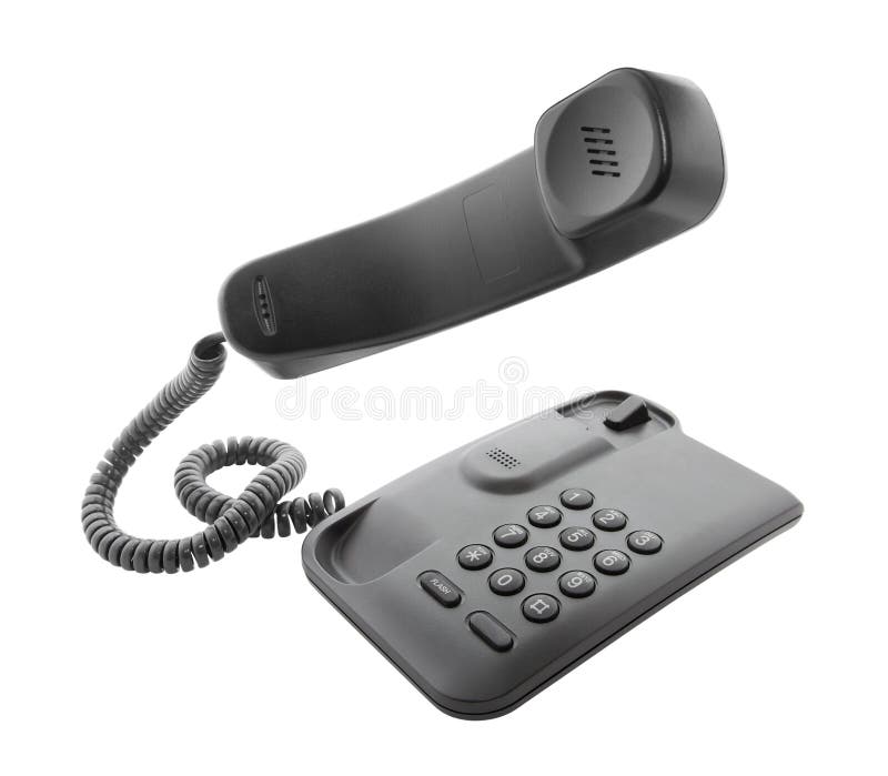 Black office phone with floating handset isolated on white. Black office phone with floating handset isolated on white.