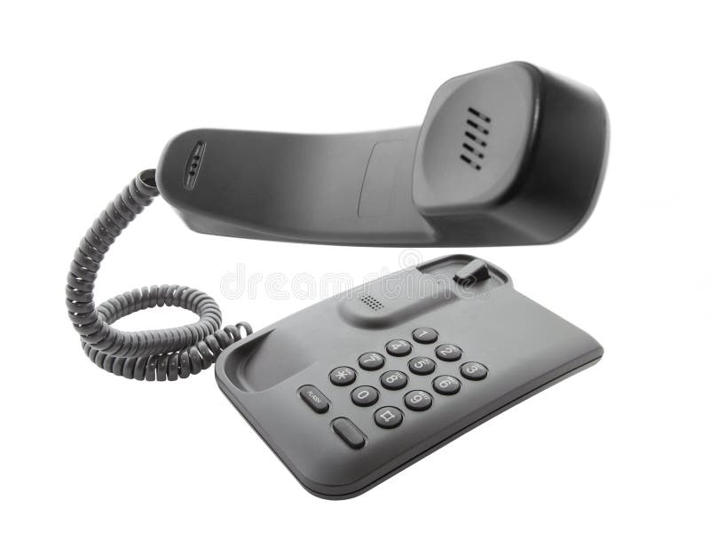 Black office phone with floating handset isolated on white. Black office phone with floating handset isolated on white.