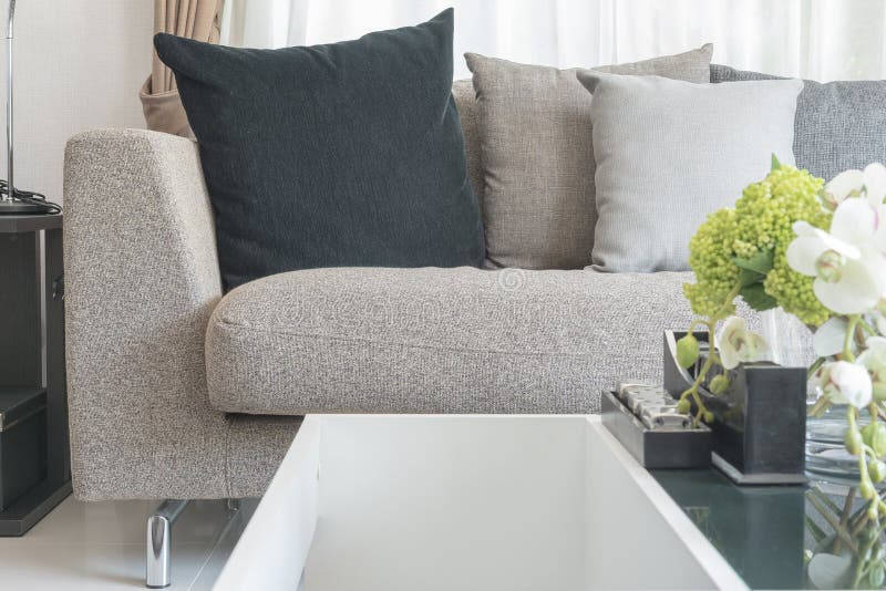 Black Pillow on Grey Modern Sofa in Modern Living Room Stock Image