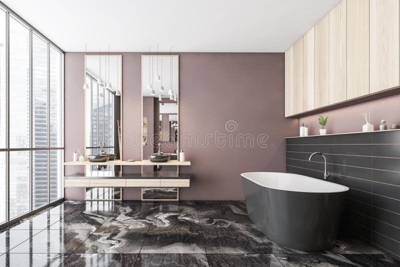 Pink Bathroom with White Tiles Stock Illustration - Illustration of ...