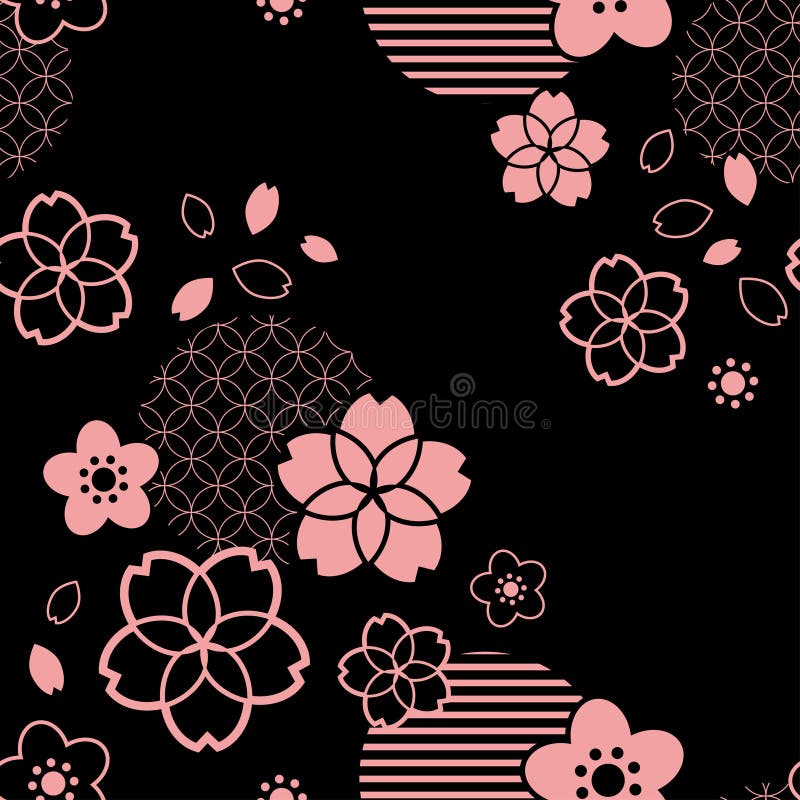 Black and Pink Cherry Blossoms Pattern in Traditional Japanese