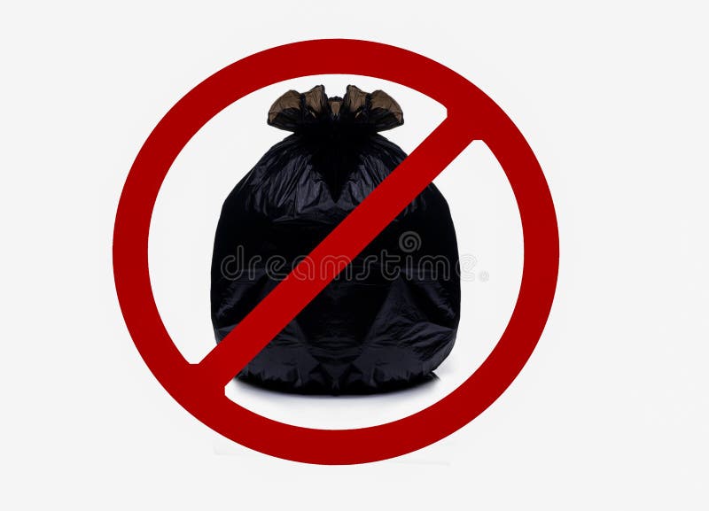 Black plastic bag contains full garbage and tie the bag in red forbidden sign. Do not litter in this area sign isolated on white royalty free stock photos Black plastic bag contains full garbage and tie the bag in red forbidden sign. Do not litter in this area sign isolated on white royalty free stock photos