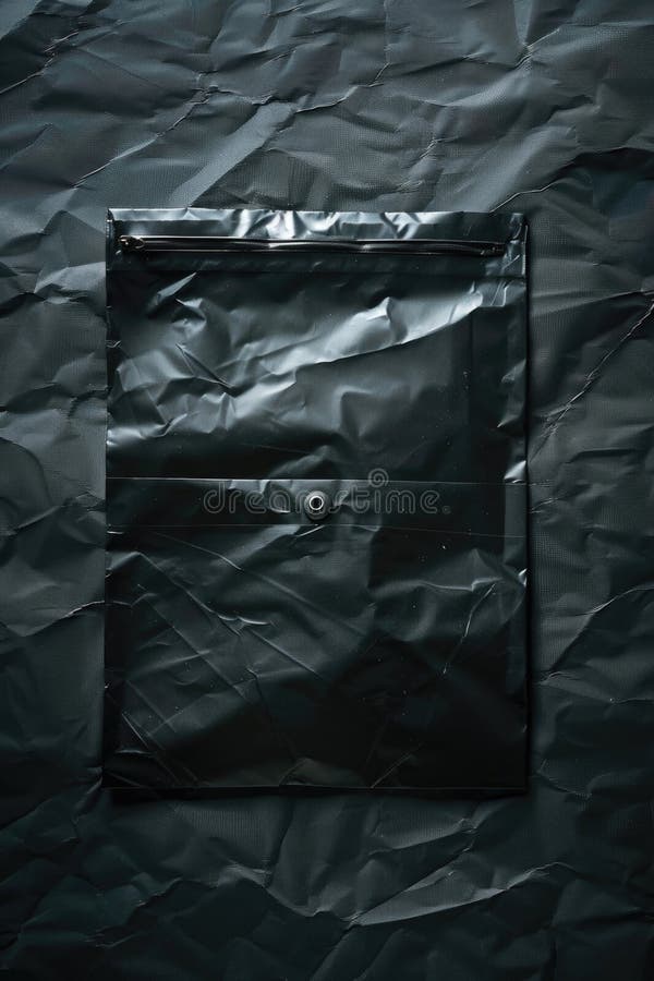 A black plastic bag is placed on a crumbled or torn surface, possibly with trash or debris royalty free stock photography