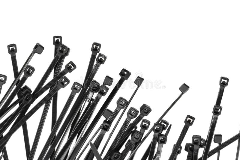 Black Plastic Cable Ties Isolated on White Background. Plastic Wire