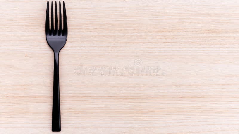A black plastic fork on a light wood surface. stock photography
