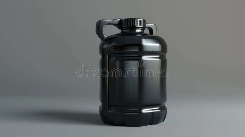 A black plastic jug with a handle on a gray surface. Suitable for various household and kitchen-related concepts stock photo