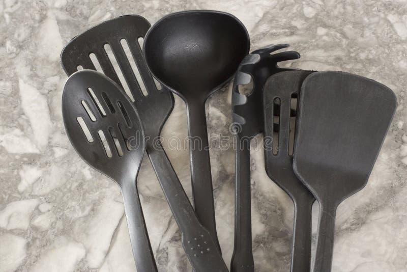 Black Plastic Kitchen Cooking Utensils Stock Image Image of kitchen