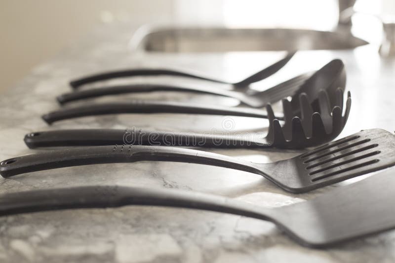 Black Plastic Kitchen Cooking Utensils Stock Photo Image of knife