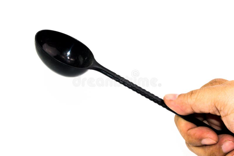 Black Plastic of Long Spoon in a Man Hand Stock Photo Image of