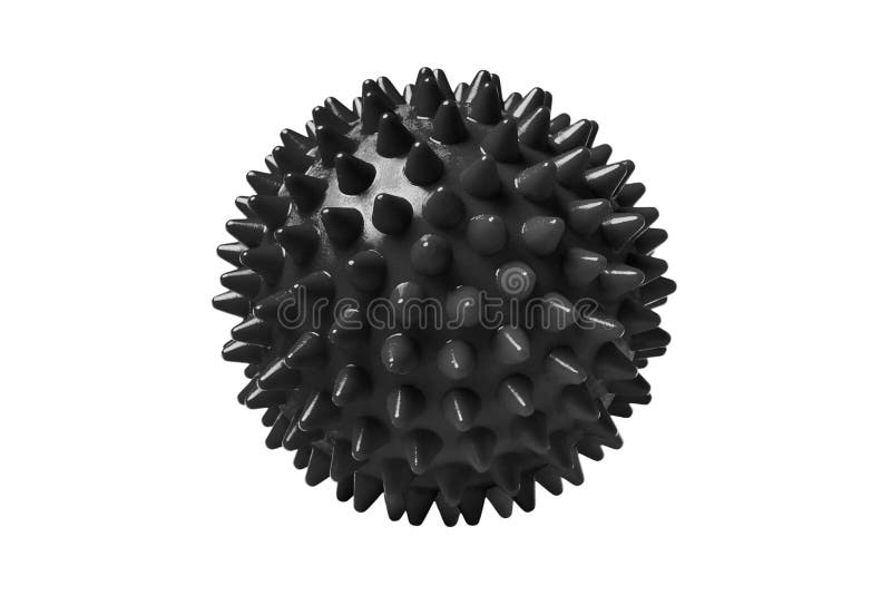 Black plastic spiny massage ball isolated on white. Concept of physiotherapy or fitness. Closeup of a colorful rubber ball for dog teeth on a white color background. Corona virus model.