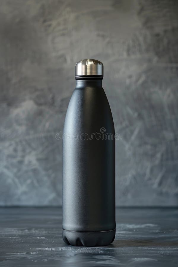 A black plastic water bottle sits on a flat surface, possibly in an outdoor setting royalty free stock photos