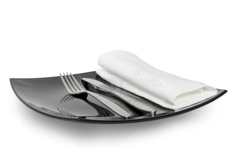 Black plate knife fork and a napkin stock photography