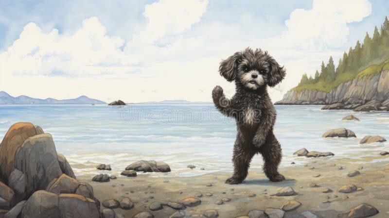 Nostalgic Children\'s Book Illustration: Poodle Dog At The Beach stock illustration