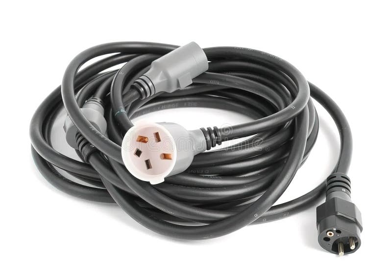 A black power cord with a white plug on the end stock illustration.