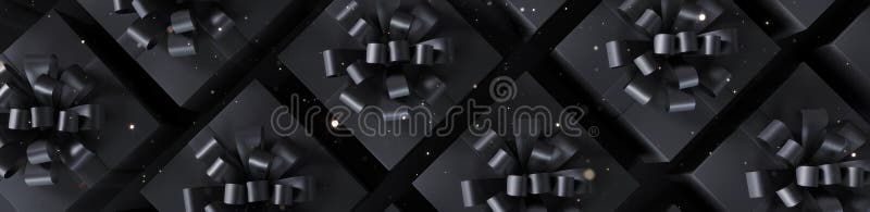 Black presents banner. Luxury black gift boxes with glitter on black background royalty free illustration