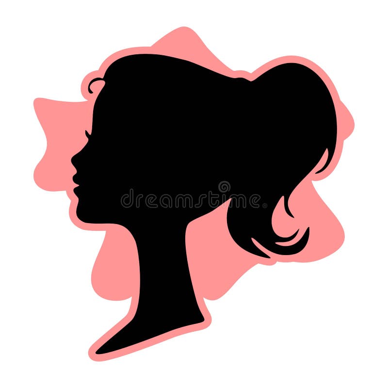 Black profile silhouette of young girl or woman head, face profile, vignette. Hand drawn vector illustration, isolated on white background. Design for invitation, greeting card, vintage style